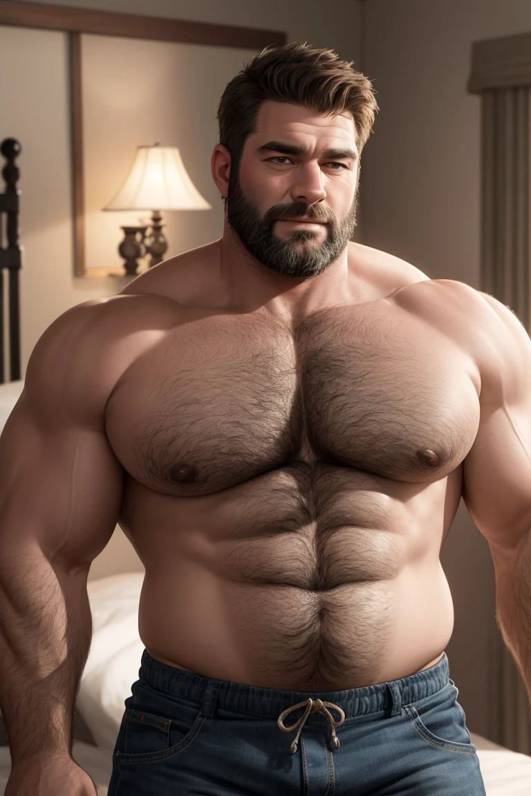 8KUHD Very Extremely Realistic Very Detailed High Quality Create a professional studio-style photograph featuring two middle-aged daddy muscle bears , burly, very hairy, very beared big daddy bear, and very realistic detailed rugged burly man and his husband in shorts. beards, very realistic hair, very realistic beards, very realistic thick chubby neck, very realistic neck lines, very realistic detailed neck, very realistic belly, very realistic burly chest, very realistic burly strong chest and arms, very realistic detailed hairy burly chest and arms, very realistic pecs, very realistic burly body, very realistic nipples, very realistic burly body, very realistic face, very realistic detailed face, very realistic eyes, very realistic detailed eyes, very realistic pupils, very realistic detailed pupils, very realistic nose, very realistic ears, very realistic facial features, very realistic burly arms, very realistic elbows, very realistic hands, very realistic wrists, very realistic fingers, very realistic fingernails, very realistic shoulders, very realistic mouth, very realistic lips, very realistic detailed skin, very realistic skin, very realistic mens clothing, very realistic detailed mens clothing. A very realistic man and his husband are kissing and loving each other in the bedroom, very realistically detailed kissing and loving each other in the bedroom, in a very realistic romantic and virile bedroom scene. Very Realistic Intricately Detailed, Utilize all appropriate realistic lighting techniques for studio photography" very realistic detailed bedroom surroundings, very realistic surroundings lighting, No Deformities, Very Ultra Realistic and Detailed Photograph, Clear HDR Quality
