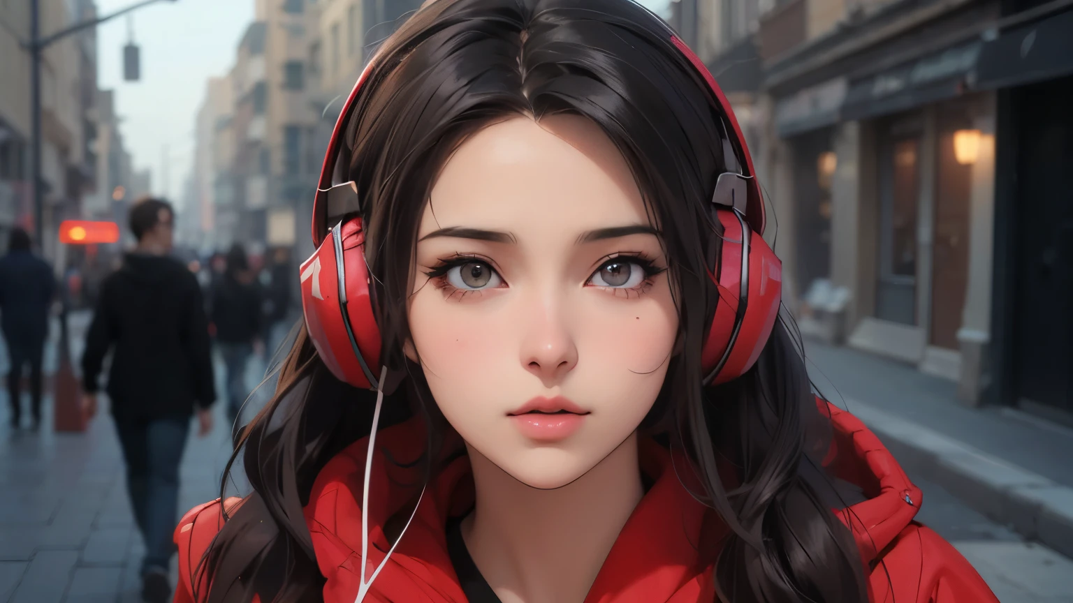 Arabian woman walking down the street with headphones, Realistic art style, Anime Style. 8K, photoRealistic art style, Realistic Anime 3D Style, Realistic art style, Realism art style, Realistic anime art style, Realistic Digital Art 4K, Realistic Digital Art 4K, Anime Styled 3d, Anime Style 4 k, Photorealistic anime girl rendering