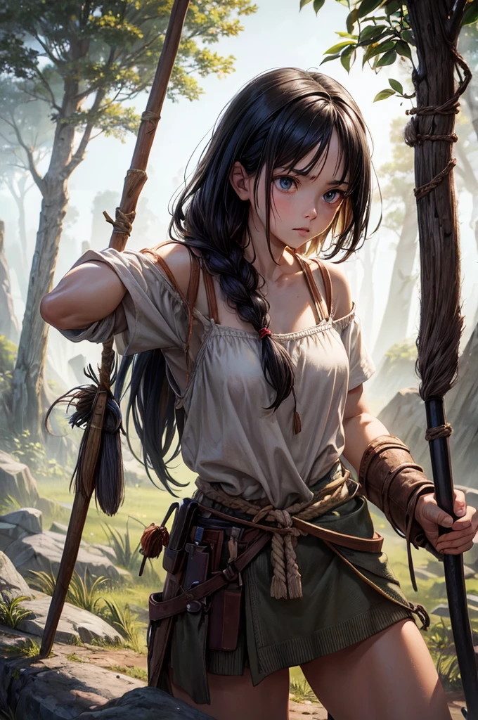 Best image quality, threaten, scar, Settlement, Holding a spear, Parent and , primitive, Primary forest, ""scar"", In underwear, ""Primitive clothing"", woman, Black Hair, Tying up hair, paint