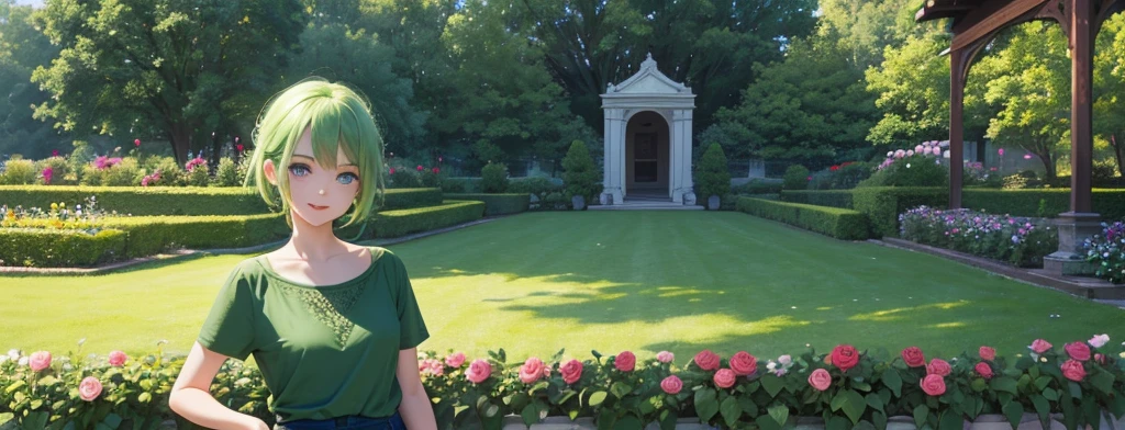 best quality, Ultra high resolution, 1 girl, green hair, green eyes, The body is short and thin., Wear a green shirt and shorts., ((happy expression)), rose garden.