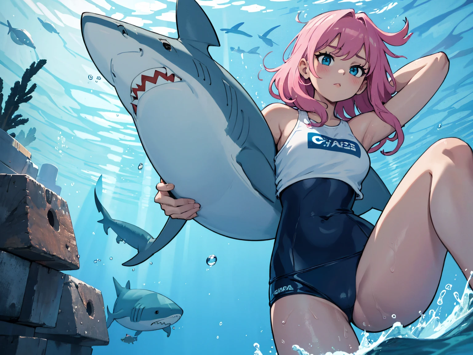a girl is swimming underwater, she is fully clothed, (underwater), (shark), a girl is swimming with a shark, the shark is swimming with the girl,