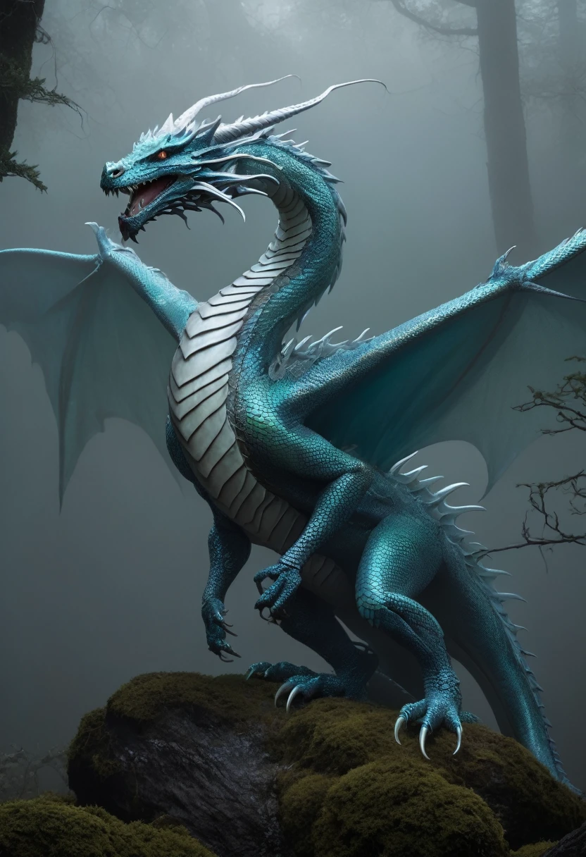 "A long, slender dragon with iridescent scales. Its wings appear as illusions, only visible within the fog, shimmering like a mirage. The dragon blends into the mist, giving the impression that the air itself is alive."