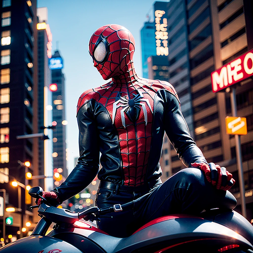 spider - man riding a motorcycle in a city street with cars, peter parker, spiderverse, peter parker as spiderman, spider-man, spider - man, into the spiderverse, portrait shot, hq 4k wallpaper, medium close - up ( mcu ), highly detailed spider - man, futuristic style spiderman, miles morales, spider - verse art style, high res 8k