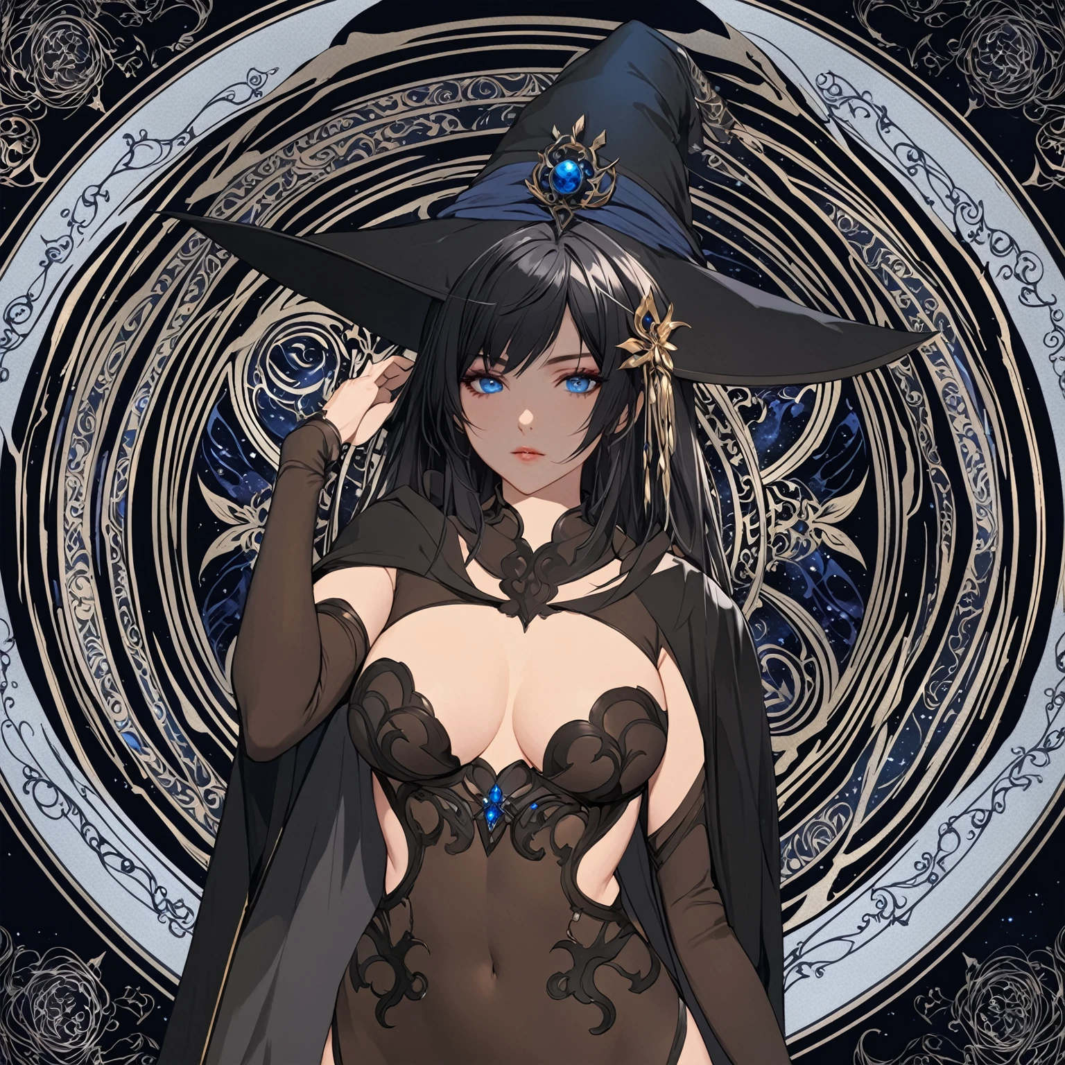 masterpiece, best quality, 1woman adult, female focus, solo, black hair, vibrant blue eyes, long hair, looking at viewer, closed mouth, bangs, Fantasy aesthetics, Highly detailed, shadowverse style, black attire, sorceress
