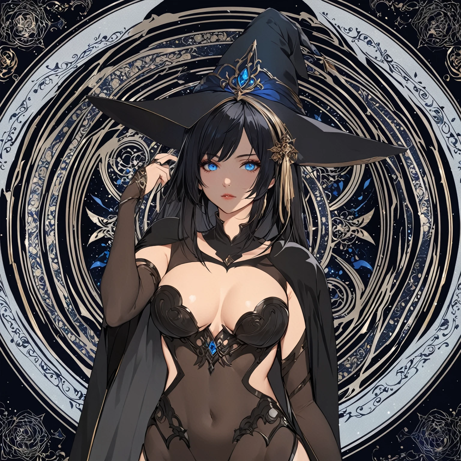 masterpiece, best quality, 1woman adult, female focus, solo, black hair, vibrant blue eyes, long hair, looking at viewer, closed mouth, bangs, Fantasy aesthetics, Highly detailed, shadowverse style, black attire, sorceress