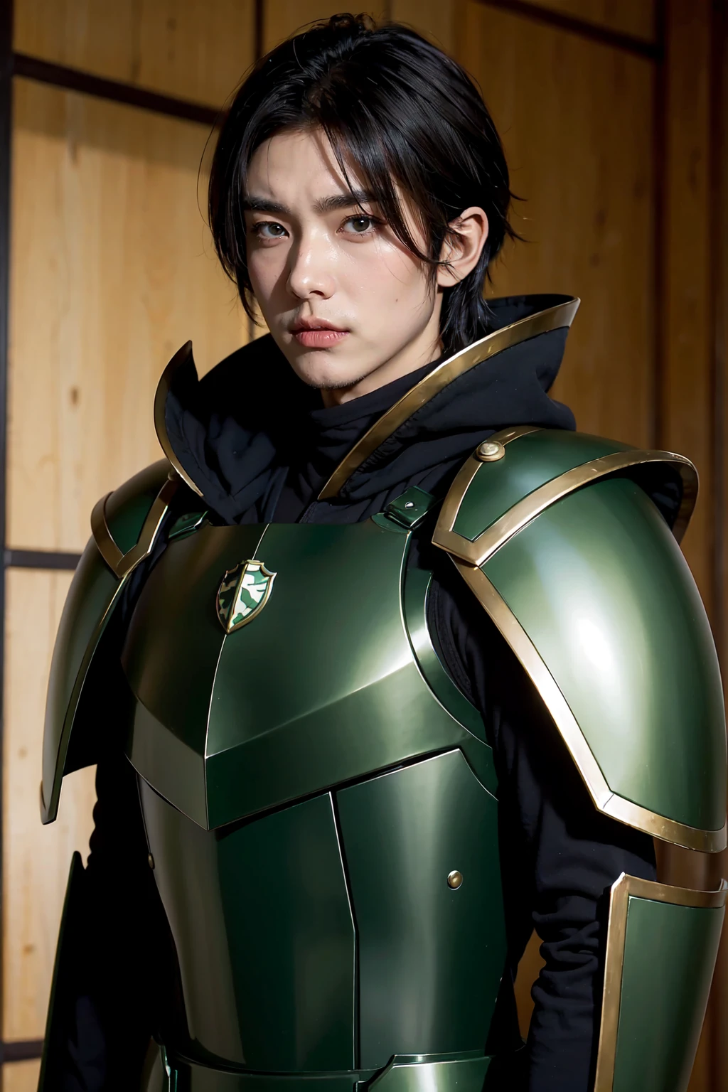 yuichiro hyakuya, serious expression, 1 boy, black hair, green eyes, armor, shield, green cloak, brown gloves, town, anime, standing, good quality, portrait, looking at viewer
