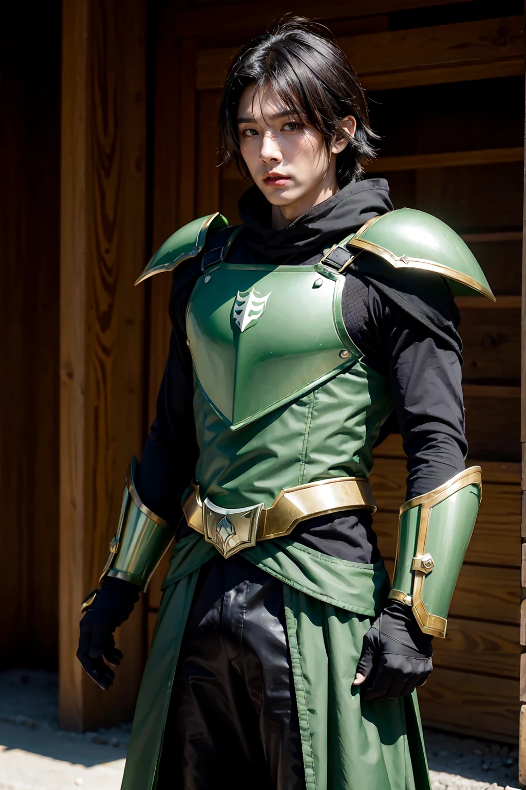 yuichiro hyakuya, serious expression, 1 boy, black hair, green eyes, armor, shield, green cloak, brown gloves, town, anime, standing, good quality, portrait, looking at viewer