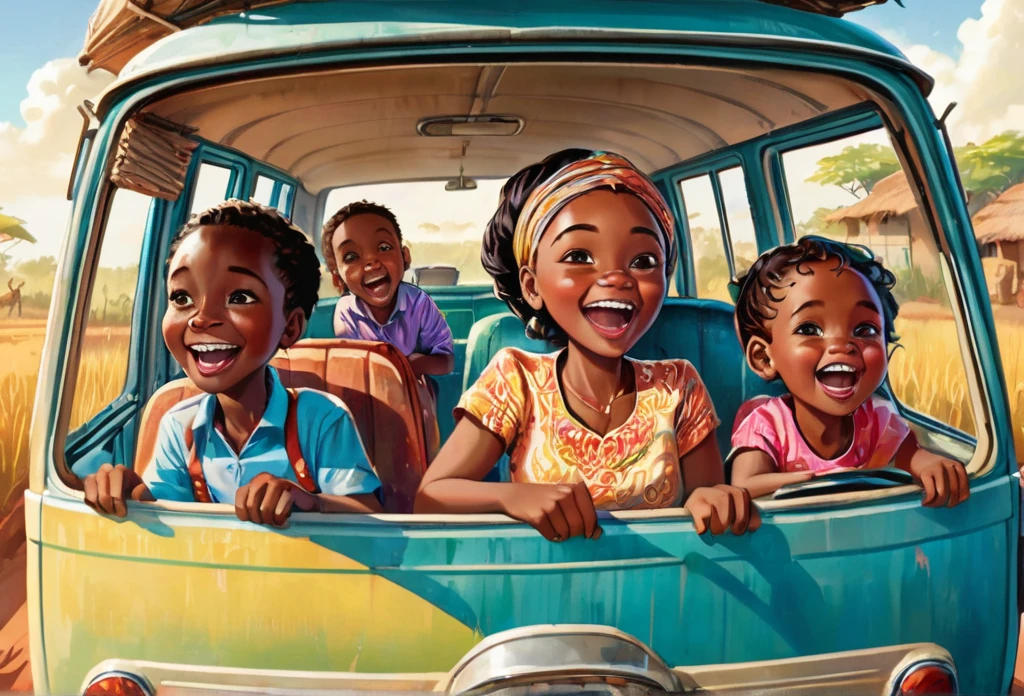 A family in a van, the father is driving, mother sits in the front while two children a girl and a boy sits at the back, excited, laughing. Inside a van. (African) (masterpiece best quality:1.2) delicate illustration ultra-detailed, detailed background, illustrations, bright, colourful, 