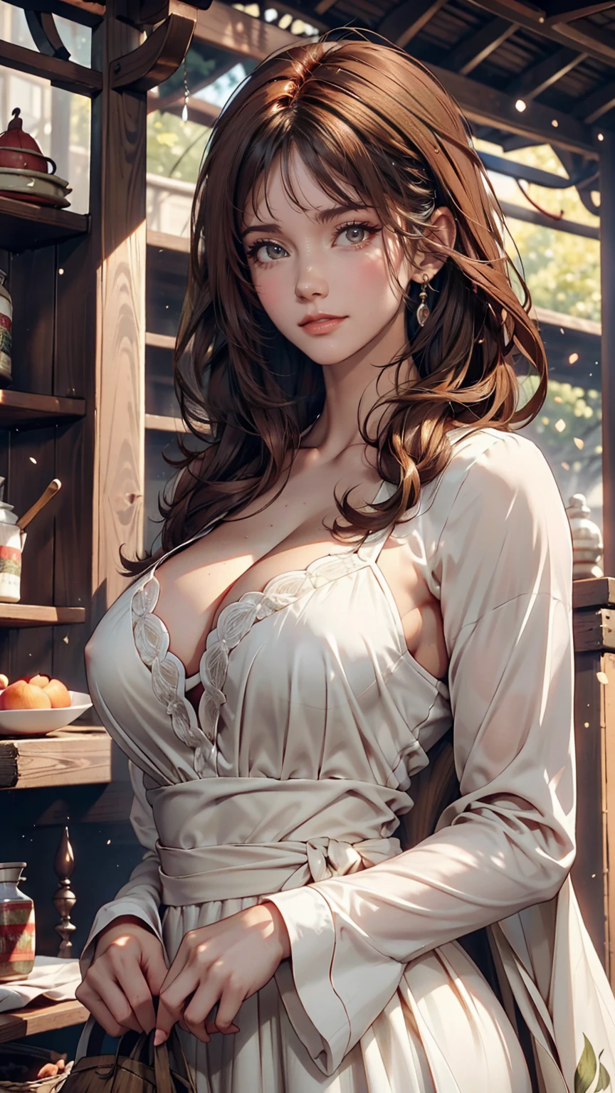Luma is a gracious person, She is beautiful、Has a strong attitude, Her breasts are voluminous, Feminine pear-shaped silhouette, Auburn Hair, long Auburn Hair, She has expressive eyes, ( Eyes olive green) Her skin turns white、Light freckles on the cheekbones。, Big Breasts, farm, Brown rustic clothing, Bohemian style clothing, farmのボヘミアンファッションの服, Romantic atmosphere, The Light of the Fire, The fire shines, Half of the hair in the flower dress is straight.、Half of the hair has curled ends.。comics