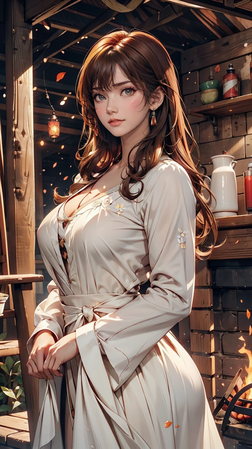 Luma is a gracious person, She is beautiful、Has a strong attitude, Her breasts are voluminous, Feminine pear-shaped silhouette, Auburn Hair, long Auburn Hair, She has expressive eyes, ( Eyes olive green) Her skin turns white、Light freckles on the cheekbones。, Big Breasts, farm, Brown rustic clothing, Bohemian style clothing, farmのボヘミアンファッションの服, Romantic atmosphere, The Light of the Fire, The fire shines, Half of the hair in the flower dress is straight.、Half of the hair has curled ends.。comics