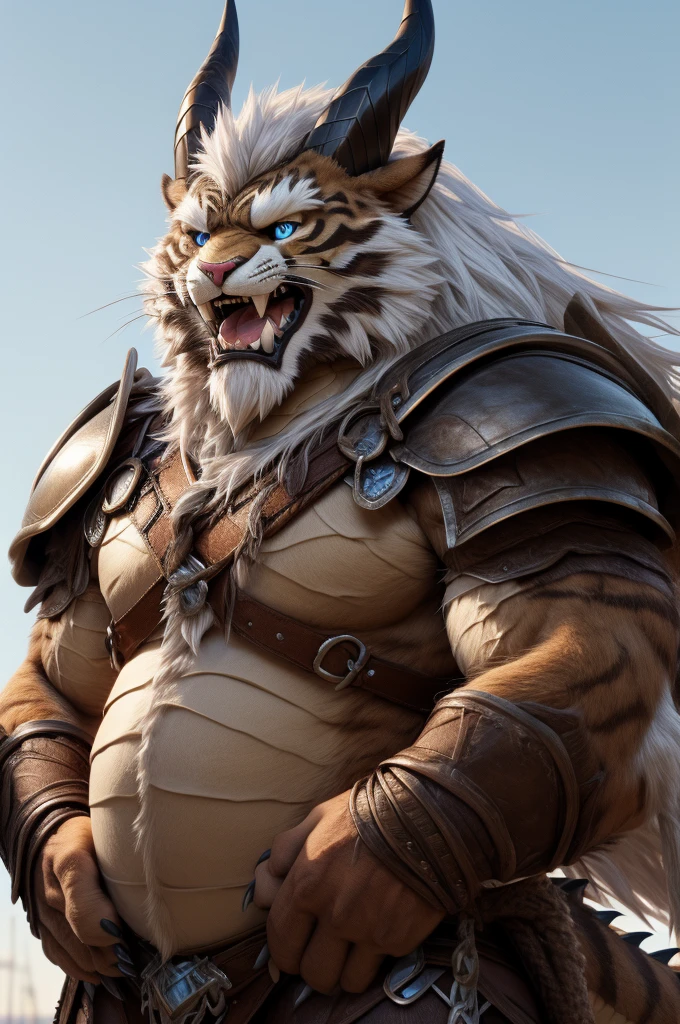 head、Animal cat face、A pair of dragon horns，Full body of fluffy white hair、Heavy breathing、Gnashing of teeth,Serious expression,Fluffy belly、Leather Armor，Viking style，wildcat、blue eyes，(contour）Full body covered with long white hair、Hairy body、Long and thick armpit hair、Fangs、4K，Pub（Sitting on the sofa，There is a sword next to it）Sharp claws、Capture the composition of the whole body，HD，Sitting