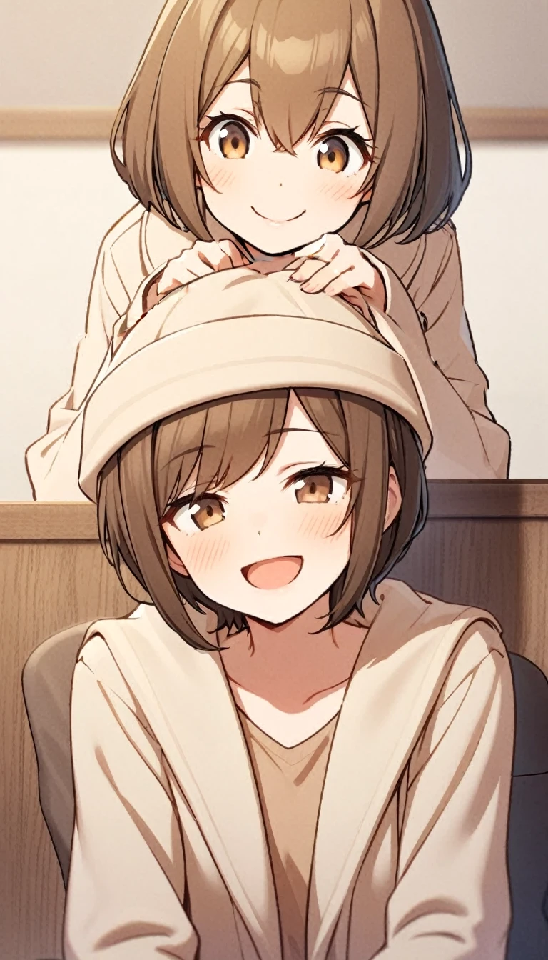 Brown hair,big sister,Beige coat,Lazy,Smile,Half Body,one person,Natural facial expression,one person,short hair
