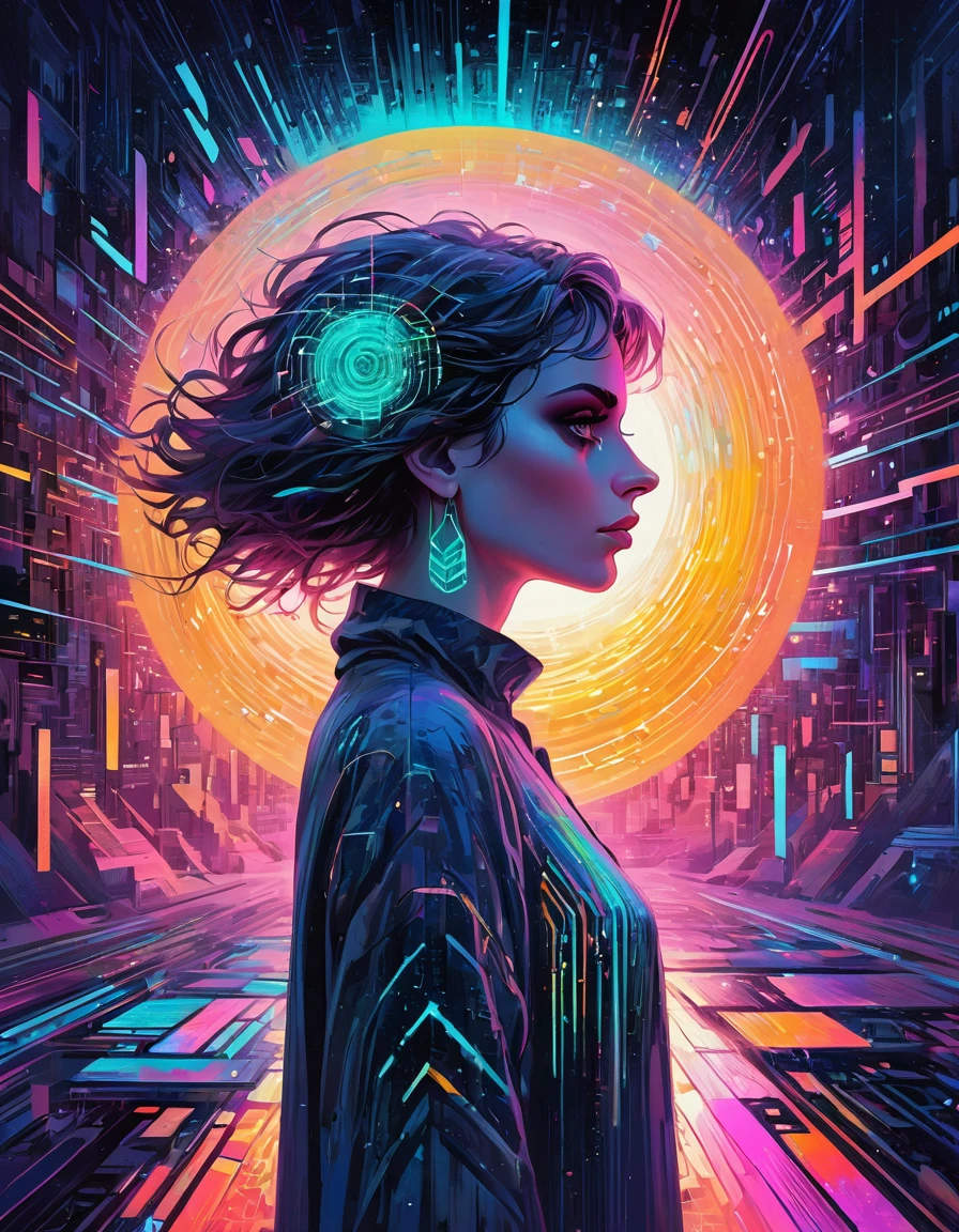 oil on canvas, muse of digital generative art, divine supernatural being, otherworldly beauty, unperturbed, in the background there is an abstract motif of digital code and glitch aesthetics., it appears from the void of diffusion, filled with photon energy, thick textured paint, neat style of writing, confusingly detailed, A true masterpiece, 8 k, HDR, bright neon colors combined with pastel tones, Minimalist, Atmosphere of the 80s, Scenic quality