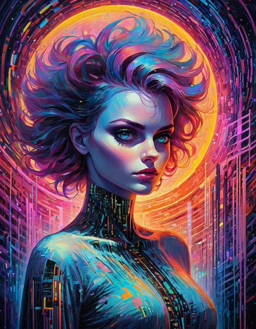 oil on canvas, muse of digital generative art, divine supernatural being, otherworldly beauty, unperturbed, in the background there is an abstract motif of digital code and glitch aesthetics., it appears from the void of diffusion, filled with photon energy, thick textured paint, neat style of writing, confusingly detailed, A true masterpiece, 8 k, HDR, bright neon colors combined with pastel tones, Minimalist, Atmosphere of the 80s, Scenic quality