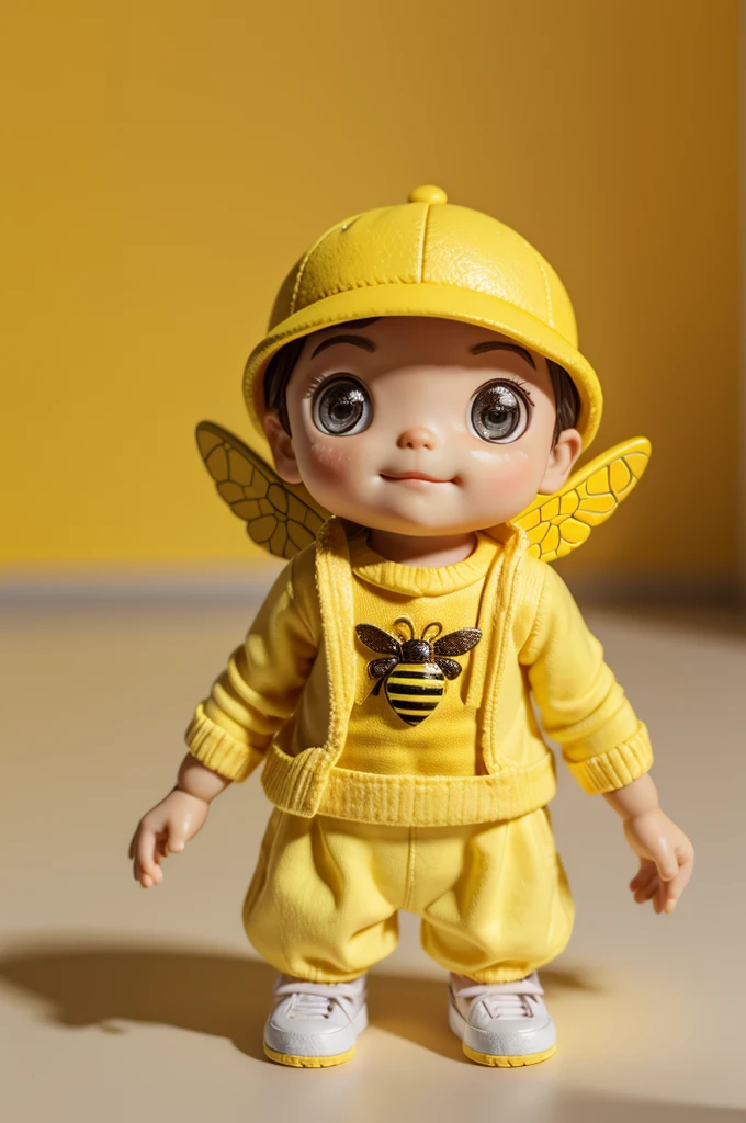 a super little cute bee, wearing yellow clothes hat, wing small and cute. clean background clay, mockup blind box toy, 3D ,Oc render front lighting full shot. --ar 128:98 --chaos 5