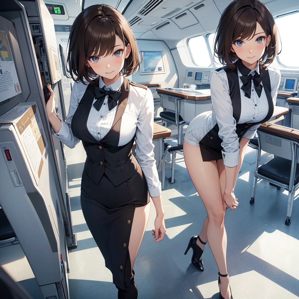 （8K ，Hyper-detailing，Ultra photo realsisim，Best Masterpiece，naturey，Perfect artwork，Perfect female body），Two cute busty girls ，（large tities），Flight attendants on board，Stylish hairstyle，Elegant and sexy flight attendant，in an airplane，Put on a sexy vacuuming stewardess uniform，Built-in thong panties，Large cleavage，，Stretch meat，Raised sexy，The kinky is exposed ，tit，full body shot of