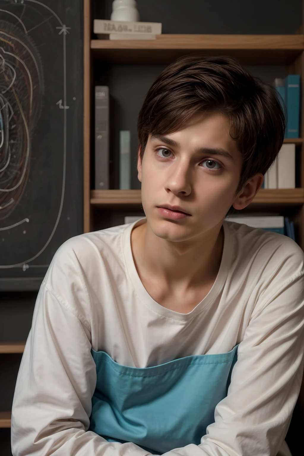 A beautiful young male twink with a face with reddish makeup. He has black hair. He is wearing a white, long-sleeved shirt and aqua blue pants. He is in his scientific office, and behind him is a blackboard on which is written the shape of the brain and its anatomy, accurately and in detail. He looks in amazement and shock He looks on proudly