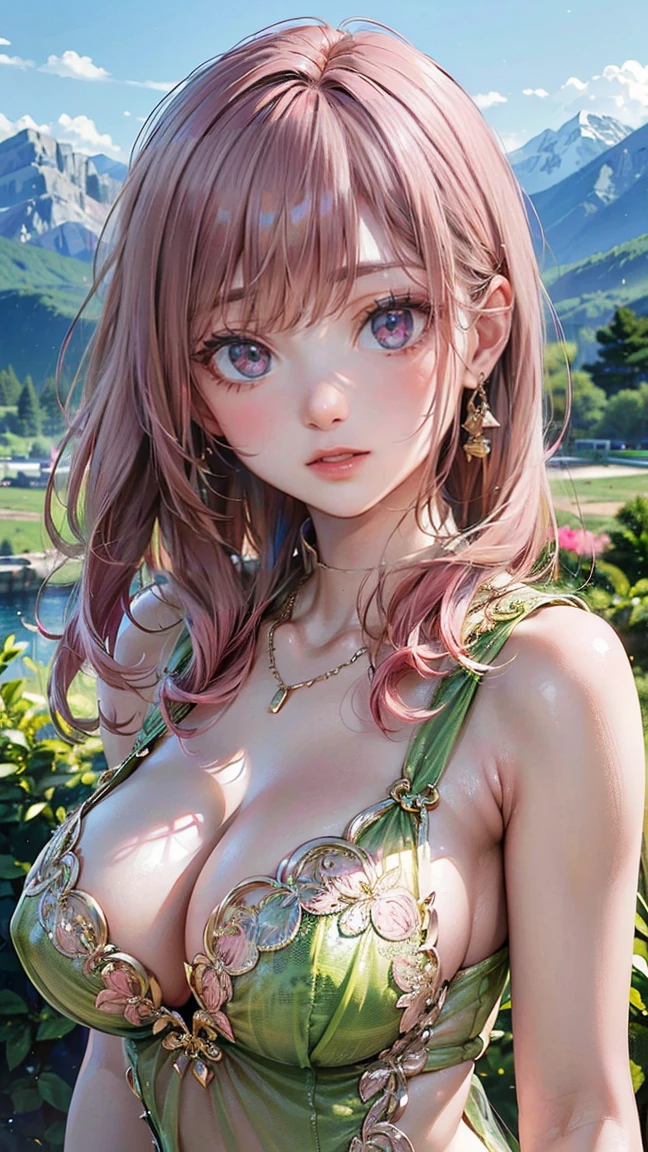 (Masterpiece, BestQuality:1.3), (ultra detailed:1.2), (hyperrealistic:1.3), (RAW photo:1.2), High detail RAW color photo, professional photograph, (Photorealistic:1.4), (realistic:1.4), (Pink Hair:1.5), professional lighting, perfect anatomy, (Big Breasts:1.2), (blush, detailed face), (cheerful Smile:1.5), Trending Hair&Trending Hairカラーをランダムに, earrings, necklace, bracelet, sexly, erotic sexly, Random sexy gravure poses, (A beautiful woman wearing a green see-through dress、Gold Earrings、The background is mountain scenery、Adventurous and sexy look。:1.3)