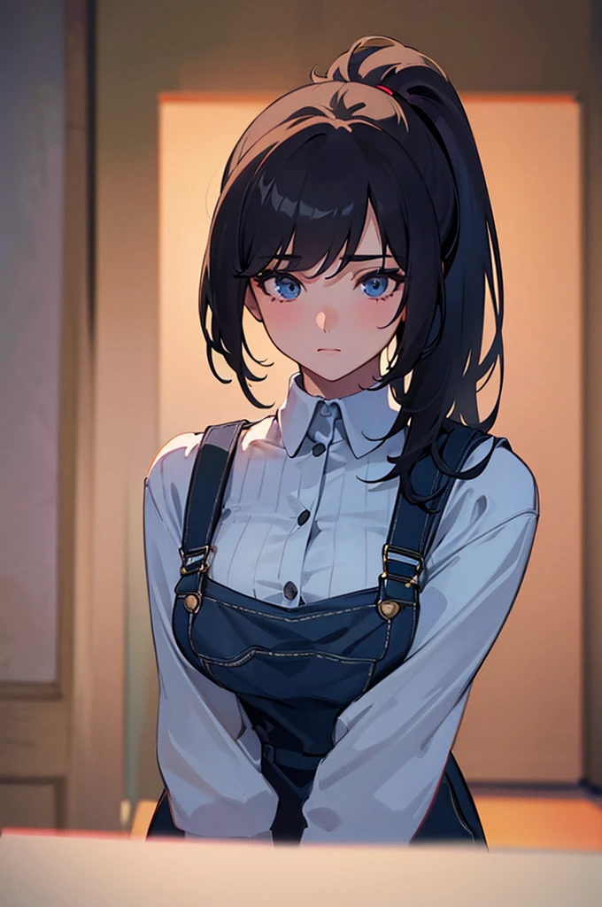 20 years old,1 girl, extremely thick thighs, hyperrealistic, 8k, (extremely detailed 8k), (very delicate and beautiful), (masterpiece), (better quality:1.0), (ultra high resolution:1.0), (masterpiece, best quality), cute,black hair,big breasts,leaning forward,ponytail,upper body,POV,breast hold,overalls,bust shot