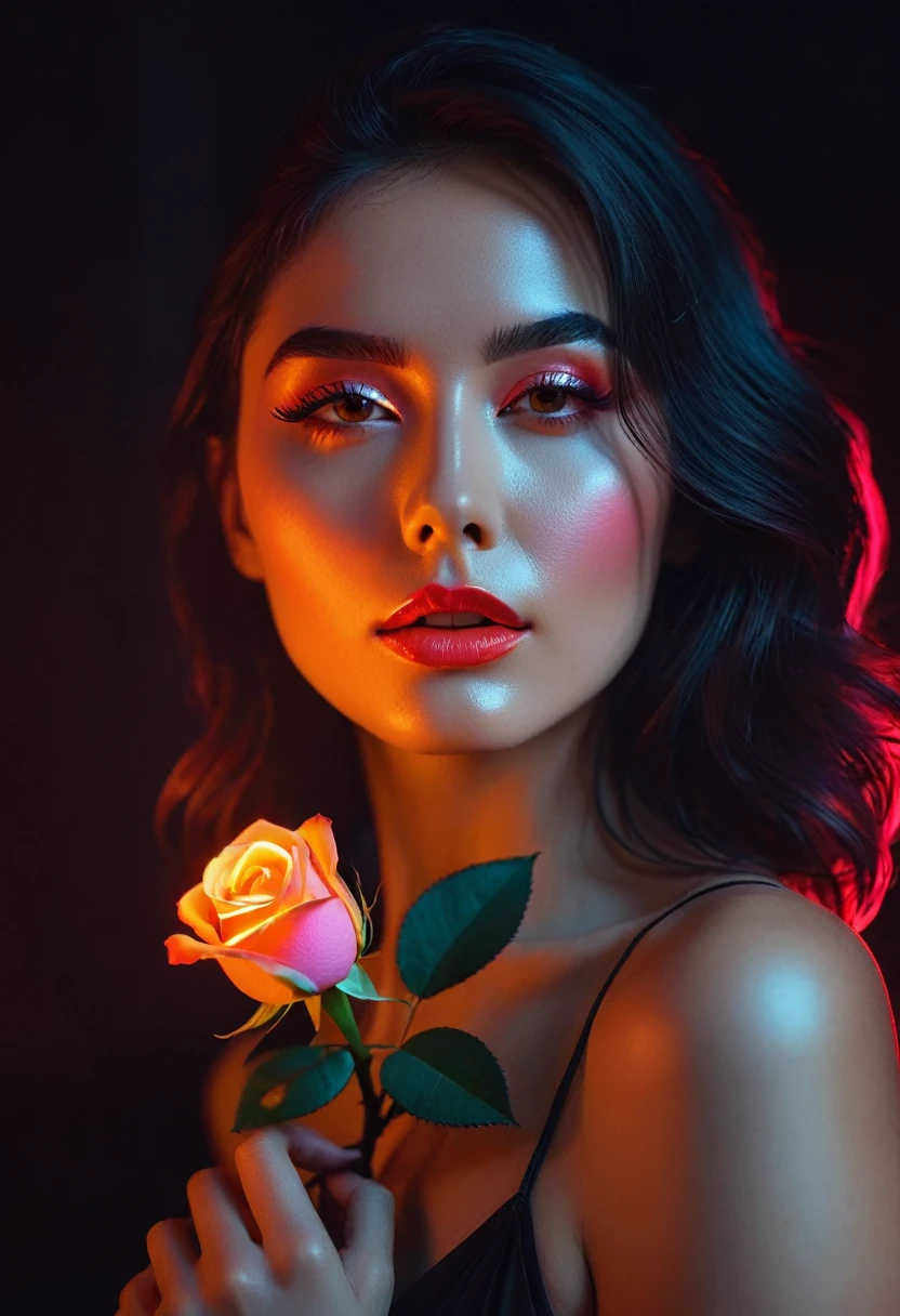 a woman with a neon rose on fire, flawless skin, whimsical photography style, photo captured by an Arriflex 35BL camera using Canon K25 prime lenses, cinematic, dramatic lighting, ultra clear, breathtaking surreal masterpiece. sensual pose
