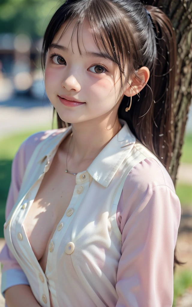 masutepiece, Best Quality, 8K, 1girl in, Good Hand, 14 yo, (round face:1.6), (baby face:1.6), (kawaii:1.6), (cute:1.6), ( face:1.6), Lively, Active, Life Force, Luminescent, Looking away,(open shirt:1.6),
(show off nipples:1.6), (exposing bare breasts:1.3), (exposed chest:1.3), (no bra:1.3),medium breasts, (small nipples:1.2), (small areolas:1.2), Raw photo, F/1.8, 135 mm, NIKON, Anatomically correct, Bokeh,Textured skin, Professional Photography, Portrait, Soft light, Professional Lighting, Solo, (Smile), Cute, Girly, Digital SLR, Film grain, (Eyes and faces with detailed:1.0), 8K Wallpaper, Residential area