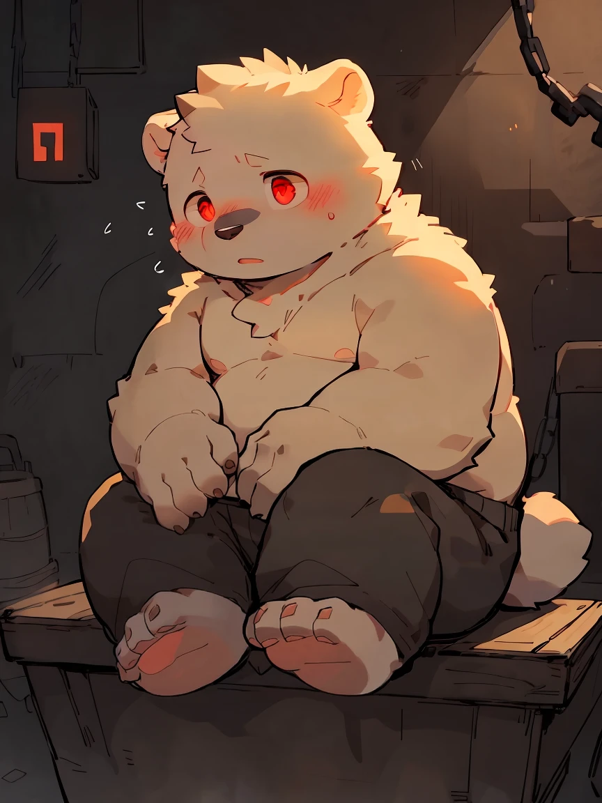masterpiece, best quality, Perfect anatomical structure, Bright Eyes, Big watery eyes, Provided by RUHU1145, hairy, polar bear, fur(trigger:0.3),boy, Solitary,blush,Shy,Red Eyes,Black pants,Shirtless,(Chubby body),Pink nipples,Gloomy basement,Hand shackles,Sitting,Sit on a plank