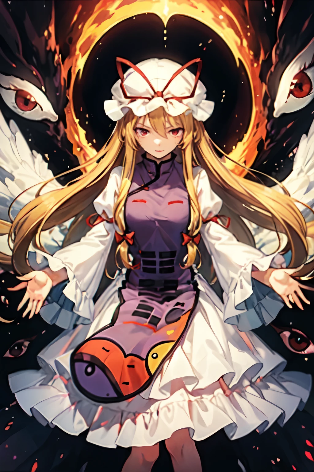 masterpiece, best quality, 1 Girl, Solitary, yakumo yukari summons black hole, ,Blonde hair, Long hair, , gap (touhou),  Battle shirt,  Long sleeve, skirt, , hair bow, , Puff sleeves, bow, Red eyes,   , Juliet Sleeves, white skirt, , ve