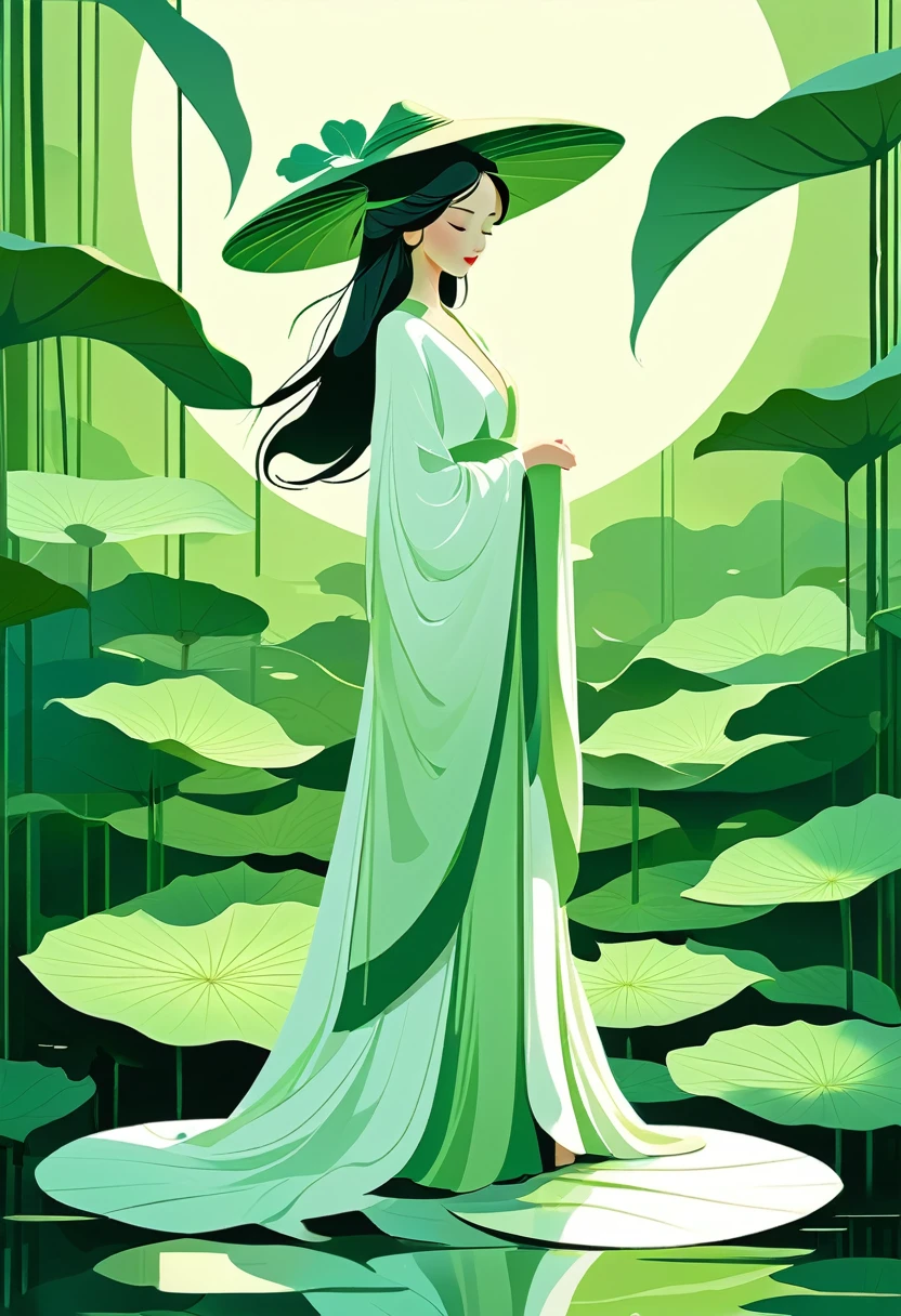 A serene woman, dressed in a flowing white gown and adorned with a wide-brimmed hat, stands gracefully atop a colossal green lotus leaf, lost in contemplation amidst a sea of vibrant lotus foliage. The scene is bathed in a gentle glow, exuding a sense of peaceful harmony and tranquility. The woman's figure and the lush greenery contrast beautifully, while the repetition of leaves in the background adds depth and immersion. Compose this image with a sense of otherworldly tranquility, capturing the essence of serenity and grace.Hyperrealism，HD，high quality