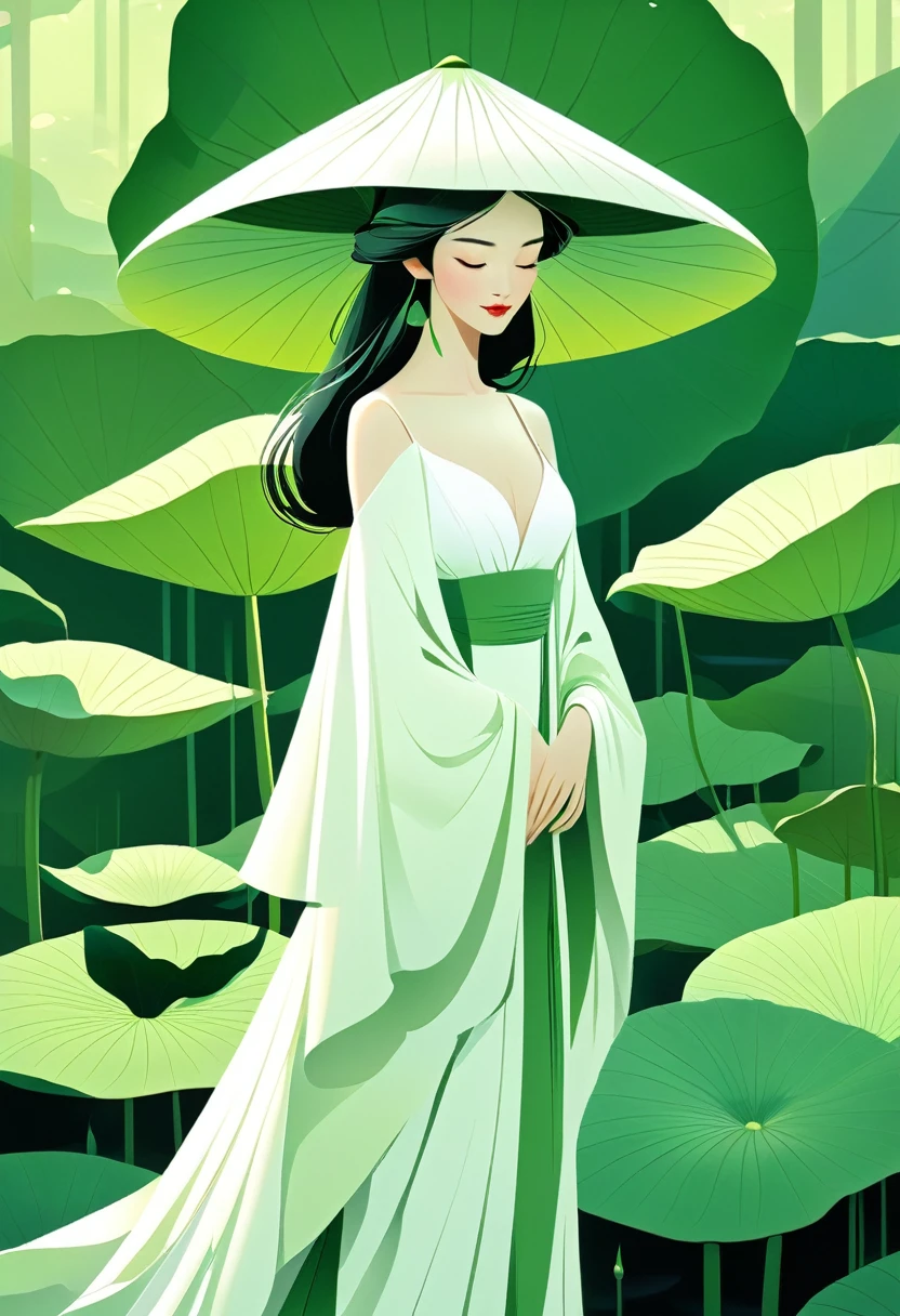 A serene woman, dressed in a flowing white gown and adorned with a wide-brimmed hat, stands gracefully atop a colossal green lotus leaf, lost in contemplation amidst a sea of vibrant lotus foliage. The scene is bathed in a gentle glow, exuding a sense of peaceful harmony and tranquility. The woman's figure and the lush greenery contrast beautifully, while the repetition of leaves in the background adds depth and immersion. Compose this image with a sense of otherworldly tranquility, capturing the essence of serenity and grace.Hyperrealism，HD，high quality