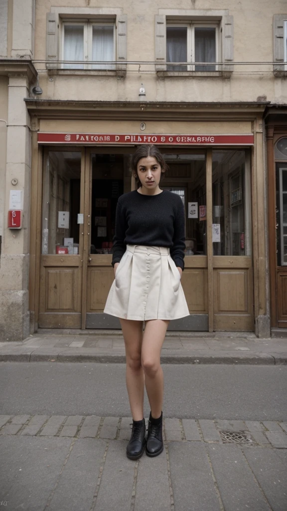 photographie de rue photo d'une jeune femme aux cheveux violets, sourire, heureux, joli t-shirt, des tatouages sur ses bras, assis dans un restaurant des années 50