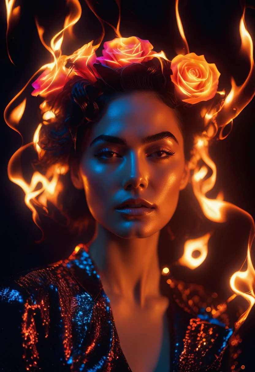 a woman with a neon rose on fire, flawless skin, whimsical photography style, photo captured by an Arriflex 35BL camera using Canon K25 prime lenses, cinematic, dramatic lighting, ultra clear, breathtaking surreal masterpiece. sensual pose