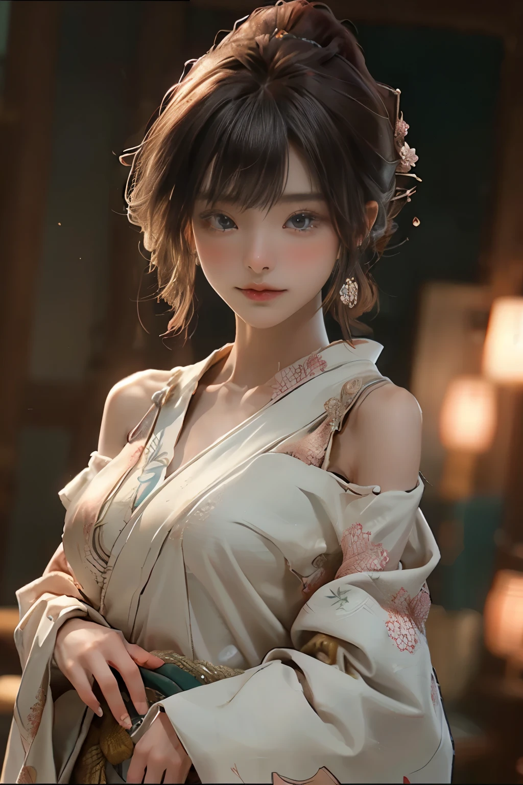 19-year-old Japanese girl, charming in her appearance, sporting a lob cut with brownish-red hair that softly falls around her shoulders. Her eyes, perfection personified, are a captivating blend of delicate and expressive, enhanced by double eyelids. Her skin, pale yet radiant, complements her sweet, natural bust that is generously endowed, with softness and a hint of transparency. She wears an off-shoulder kimono, meticulously crafted from lace fabric, that gently hugs her curvaceous figure, revealing the outline of her full, sovereign breasts. Draped in the water, her body shimmers like a gemstone