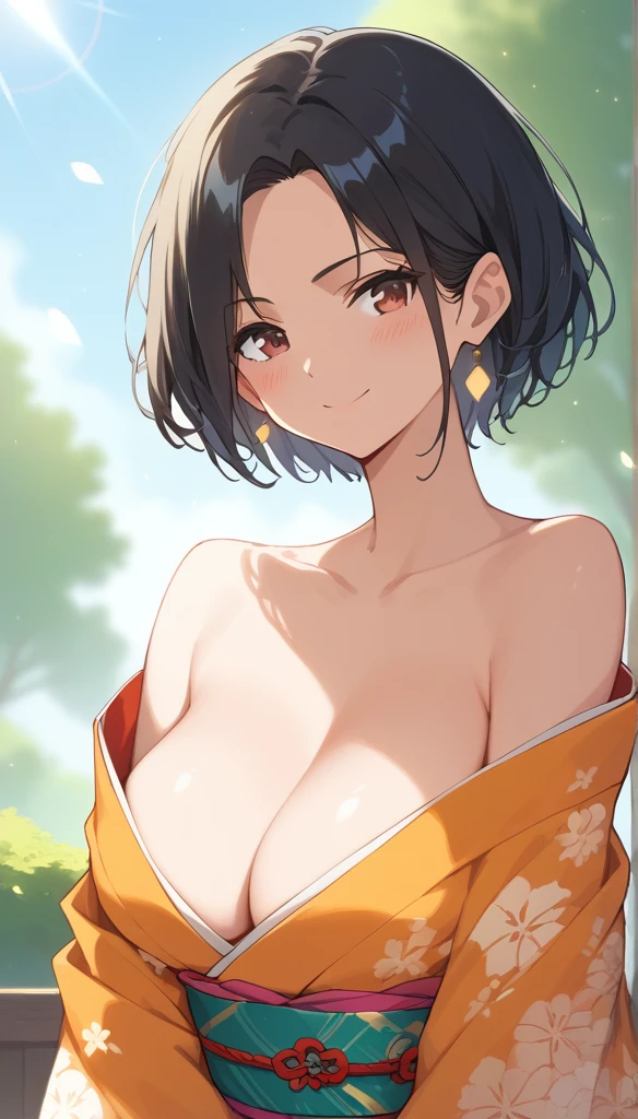 (score_9,score_8_up,score_7_up,score_6_up),masterpiece,best quality, source anime, rating_explicit, (((masterpiece))), (((best quality))), ((ultra-detailed)), ((illustration)), (1girl), (beautiful Japanese woman), (long black hair), (brown eyes), (simple background), (wearing traditional kimono), (detailed face), (perfect anatomy), (detailed light and shadow), (lighting forward), (serene expression), (minimalist style),(cleavage:1.1),((shy smile)), (eyeshadow:0.8), digital collaring, (Sun glare;1.2), Bokeh, Depth of written boundary, Blurred Background, Particles of light, Strong winds, glossy skin, spot light