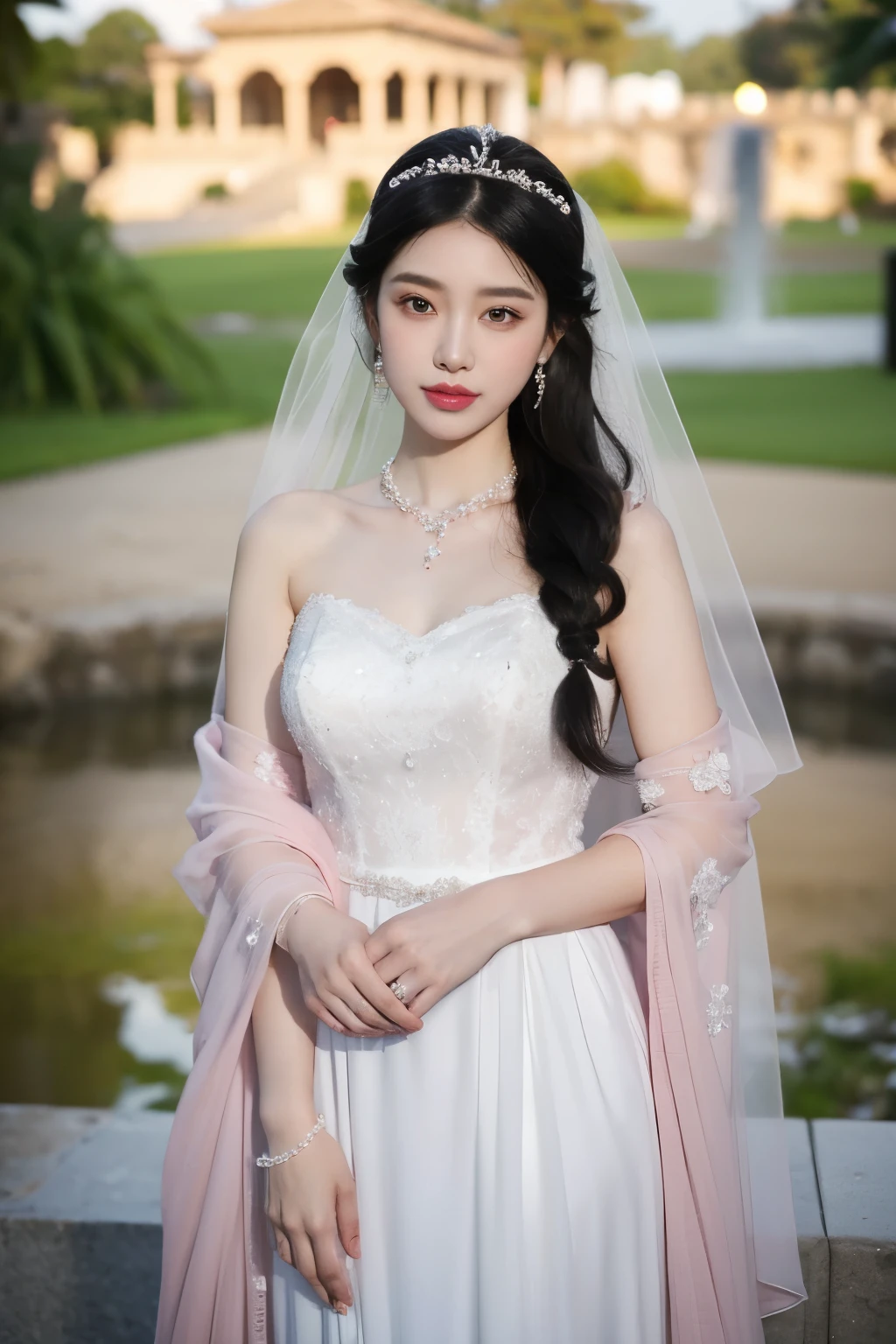 1 girl， Black Hair, high quality, Extremely detailed, Long curly hair，Pearl Hair Accessories，Pearl ear-rings，Pearl Necklace，White Dress，Practical，Black pupil，Pink cheeks，Put sad state，Delicate skin，Standing at the wedding site，veil