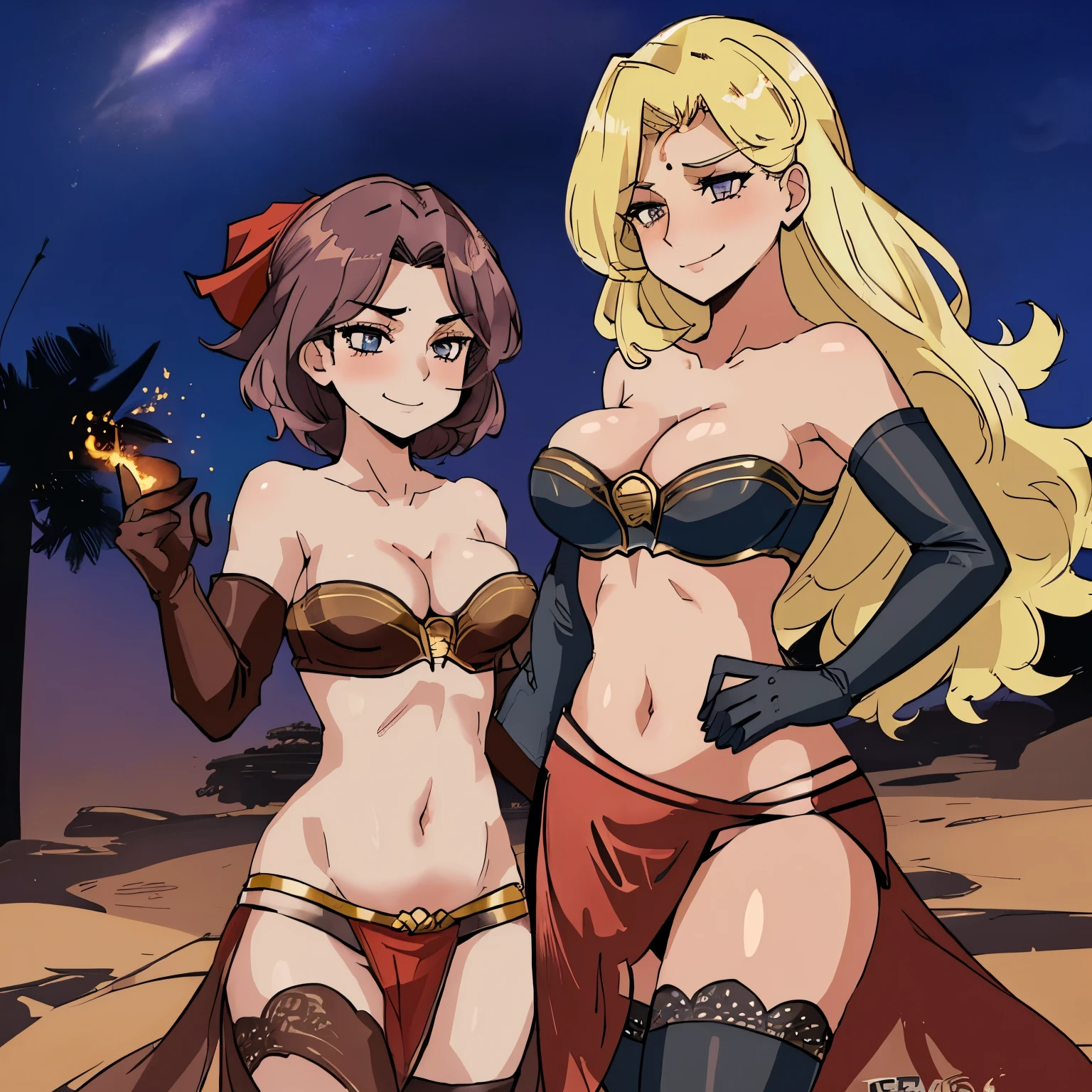 Desert_Sorceress_outfit, 2girl, two girls, thighhighs, breasts, gloves, elbow_gloves, large_breasts, cleavage, navel, underwear, shaded_face, fireball, magic, smirk, dominant female, femdom, dommy-mommy