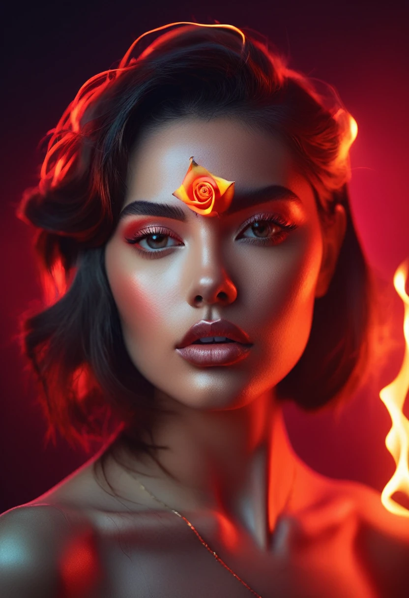 a woman with a neon rose on fire, flawless skin, whimsical photography style, photo captured by an Arriflex 35BL camera using Canon K25 prime lenses, cinematic, dramatic lighting, ultra clear, breathtaking surreal masterpiece. sensual pose