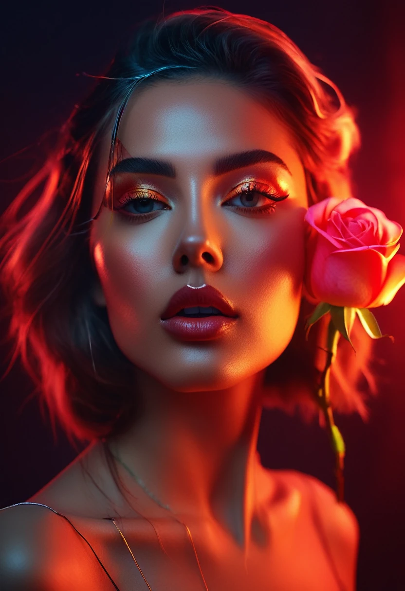 a woman with a neon rose on fire, flawless skin, whimsical photography style, photo captured by an Arriflex 35BL camera using Canon K25 prime lenses, cinematic, dramatic lighting, ultra clear, breathtaking surreal masterpiece. sensual pose