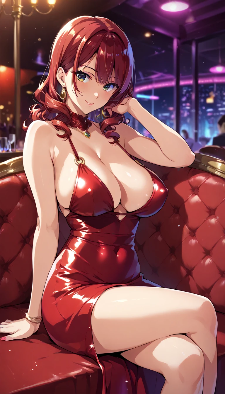 (masterpiece, best quality, ultra-detailed, high resolution, detailed eyes), takeda hiromitsu style, {{1woman}}, (30 years old), long party dress, red dress, nightclub, earrings, curvy body, large breast, long red hair, curly hair, tall, big eyes, sitting on sofa, sitting next to viewer