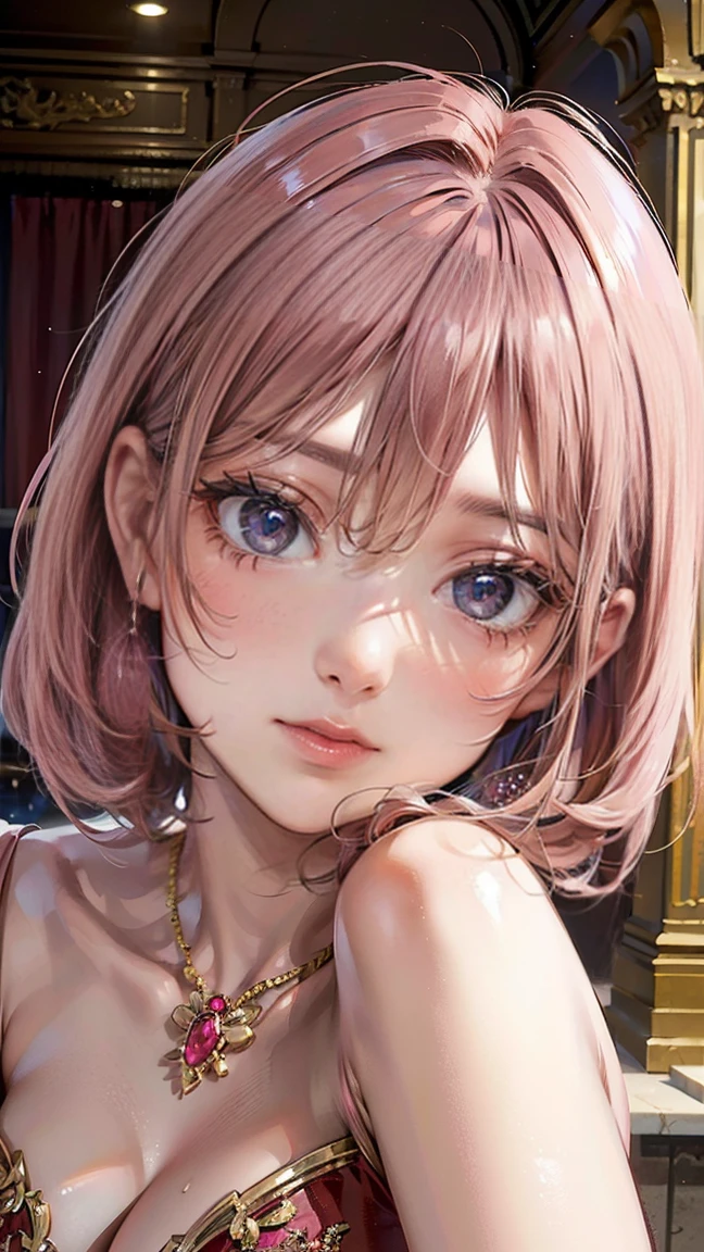 (Masterpiece, BestQuality:1.3), (ultra detailed:1.2), (hyperrealistic:1.3), (RAW photo:1.2), High detail RAW color photo, professional photograph, (Photorealistic:1.4), (realistic:1.4), professional lighting, perfect anatomy, (Big Breasts:1.2), (blush, detailed face), (cheerful Smile:1.5), (Pink Hair:1.5), Trending Hair&Trending Hairカラーをランダムに, earrings, necklace, bracelet, sexly, erotic sexly, Random sexy gravure poses, (A stunning beauty in black lace lingerie。The background is a dark bedroom。Look at the camera with a provocative smile。Wear gold earrings、Sexy pose lying on bed。: 1.3)