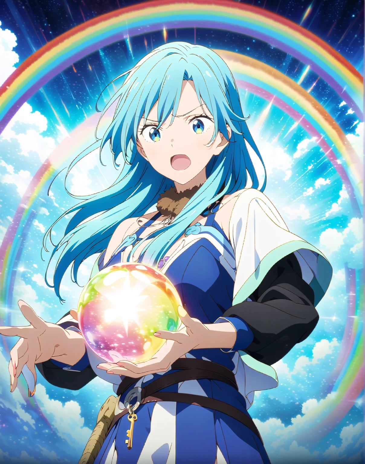 (超detailedなイラスト:1.2),Very delicate and beautiful,非常にdetailed,CG,Unity,8k wallpaper,wonderful,detailed,masterpiece,The best quality in the best condition,Official Art,非常にdetailed CG 8k Unbelievably ridiculous resolution,Beautiful and exquisite,High resolution,非常にdetailedな目と顔,Blue haired anime character holding a glowing ball in front of a rainbow, Key Anime Art, Official Anime Artwork, tensei shitara slime datta ken, detailed Key Anime Art, Anime girl with space-like hair, rimuru tempest,, Anime key visual,