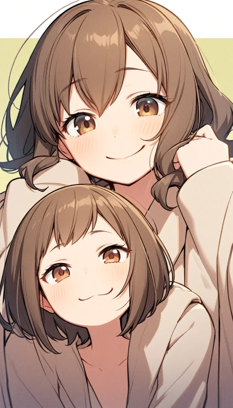 one person,Brown hair,big sister,Beige coat,Lazy,Smile,Half Body,one person,Natural facial expression,one person,short hair