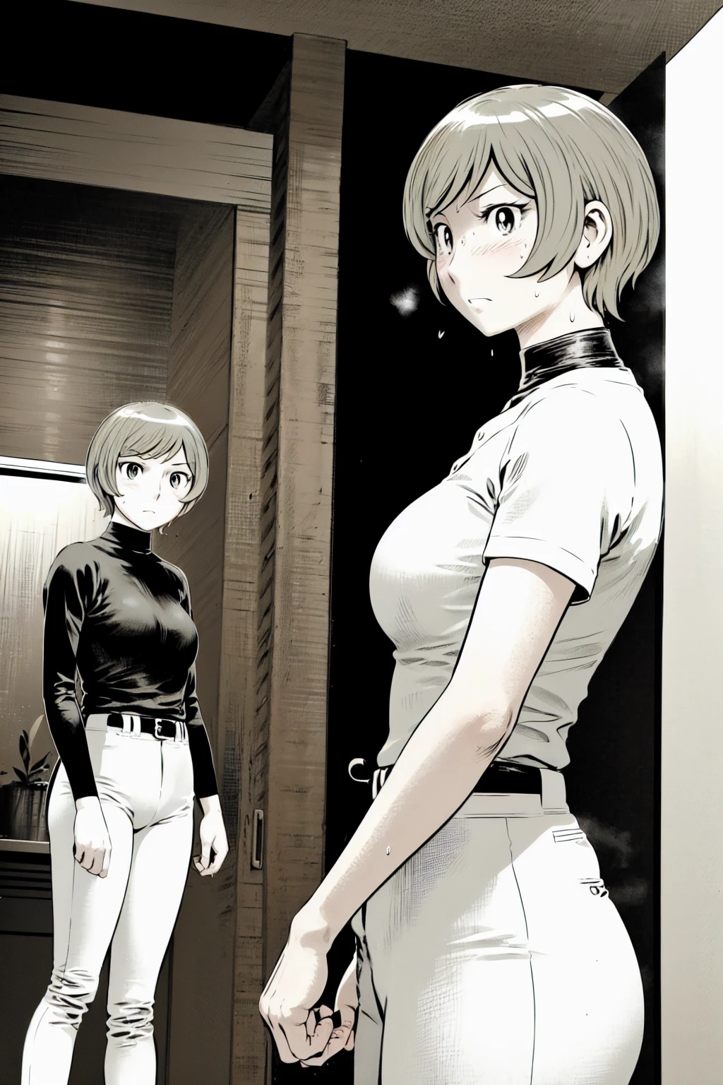 、(masterpiece、Highest quality)、Highest quality, Ultra-high resolution, (((masterpiece))), alone, Sweat、Big eyes,Tight black shirt、Tight white pants、belt、indoor、Composition from the front、(Cut the back hair short、short hair、blonde、woman)、Shortcuts、Embarrassed face、Cut your hair short、可愛いwomanの子、Big Breasts、Inside the room、Full Color、Baseball uniform