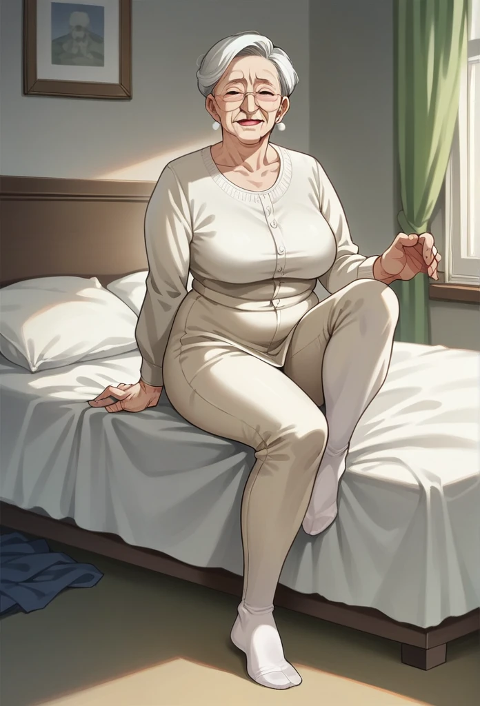 score_9,score_8_up,score_7_up, anime style, clear line, 1mature woman, solo, gilf, old skinny, full body and foot, old skin, 58 years old woman, in bedroom,  ((without shoes )) in bedroom uniform