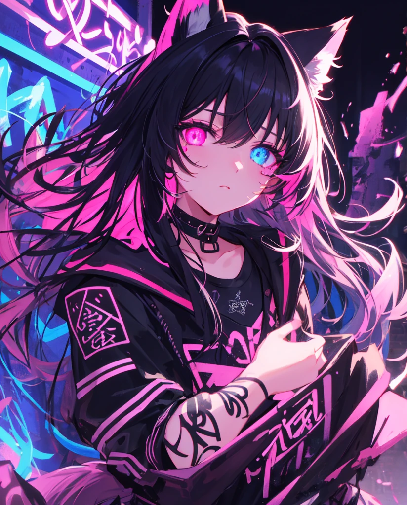Style 5，Style 7，Anime girl with black hair and cat hat, anime style illustration, Moe Art Style, Wallpaper 8K, digital illustration, beautiful catwoman, She wears a hoodie with animal ears and technowear, futuristic fashion in black and holographic colors, Lots of details and buttons on it, Cable protruding from the casing, The background is a simple pattern with cat figures and paws, purple and black, black cat eyes, holographic, holographic details