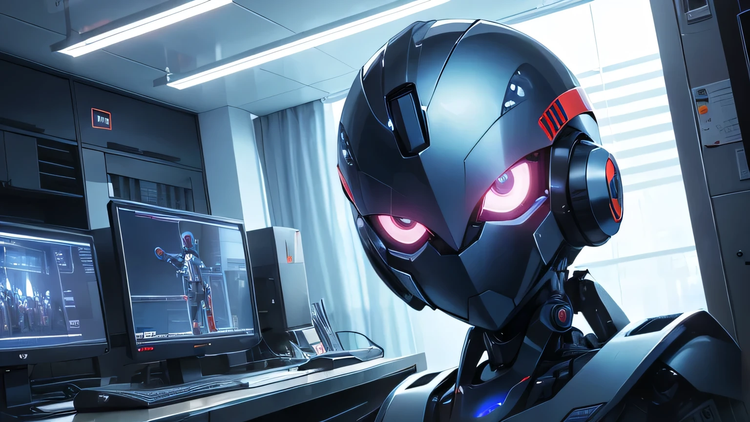 One robot taking security measures, looking at camera, bright computer room, illustration