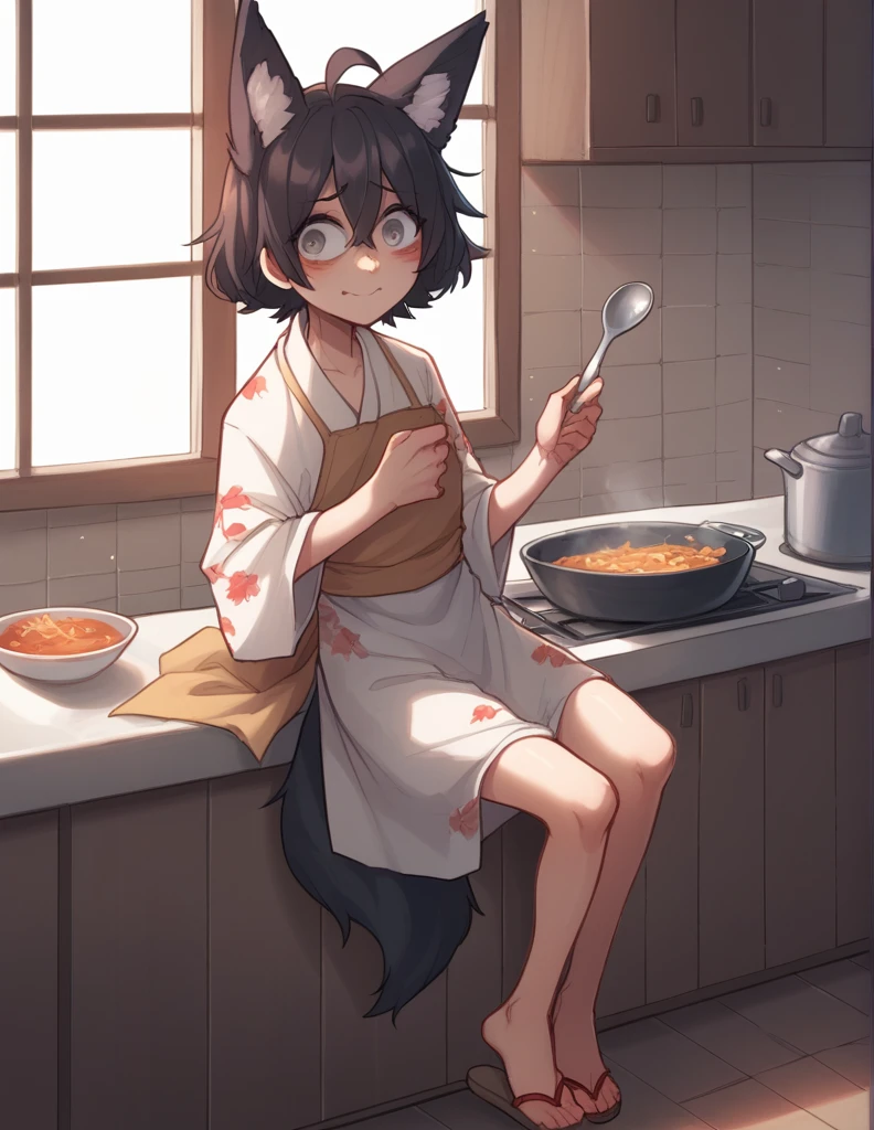 2 girl, alone, ppka, black fur, short hair, messy fur, Ahoge, parts, parts por todo el cuerpo, grey eyes, blind, embarrassed smile, looking at the viewer, embarrassed look, flushed,
Yukata, Yukata Corta, miko komino, white and red kimono, kimono with white and red accessories, brown apron, Maid Apron, apron tied with red ribbon, wooden sandals, japanese geta, fox ears, Fox tail, black tail, fox ears negras, 
Hand a little rough, spoon of soup in hand, 
kitchen, cooking, exposed feet, exposed thighs