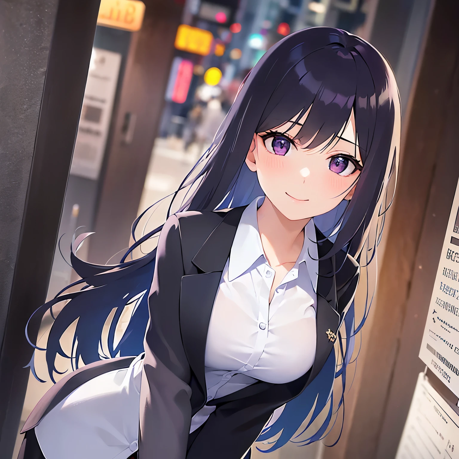 cinematic angle, Realistic, real person, (pale skin: 1.2), RAW photo, photorealistic, shiny skin, shiny hair、(A 25-year-old woman with straight hair and bangs) and (medium hair) and (black hair) and (purple eyes) , (business suit:1.5) and (white collared shirt)、(smile), (blush:1.3), The background is a shopping street at night、Alone