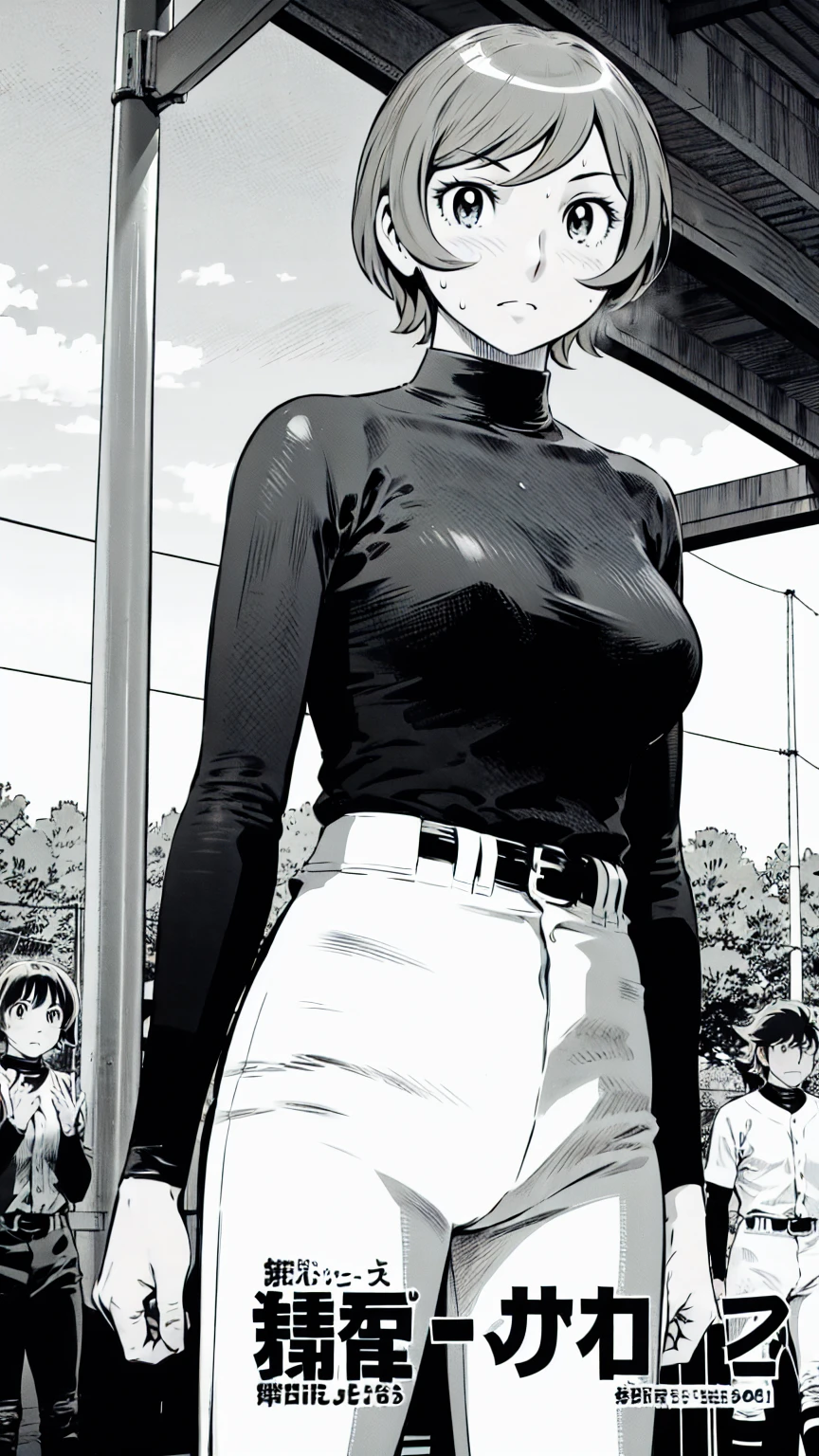 (野球uniform:1.2),
blonde, (short hair:1.2),Long sleeve, Black Shirt, turtleneck,White trousers、uniform、Black belt、((Illustration of people))、big 、Covered in mud、Soil stains、ドロドロのuniform、
View your viewers,, (Highest quality:1.3),One Girl, White pants、uniform、Outdoor、baseball ground、ground、soil、blue eyes、Tight black shirt、(masterpiece、Highest quality)、Highest quality, Ultra-high resolution, (((masterpiece))), alone, Sweat、big eyes、big Breasts、Torn clothes、 Fully exposed、Nipples、One Girl, Front view、Embarrassed face、Bronze colored hair、((short hair))、Stand up straight、Cowboy Shot