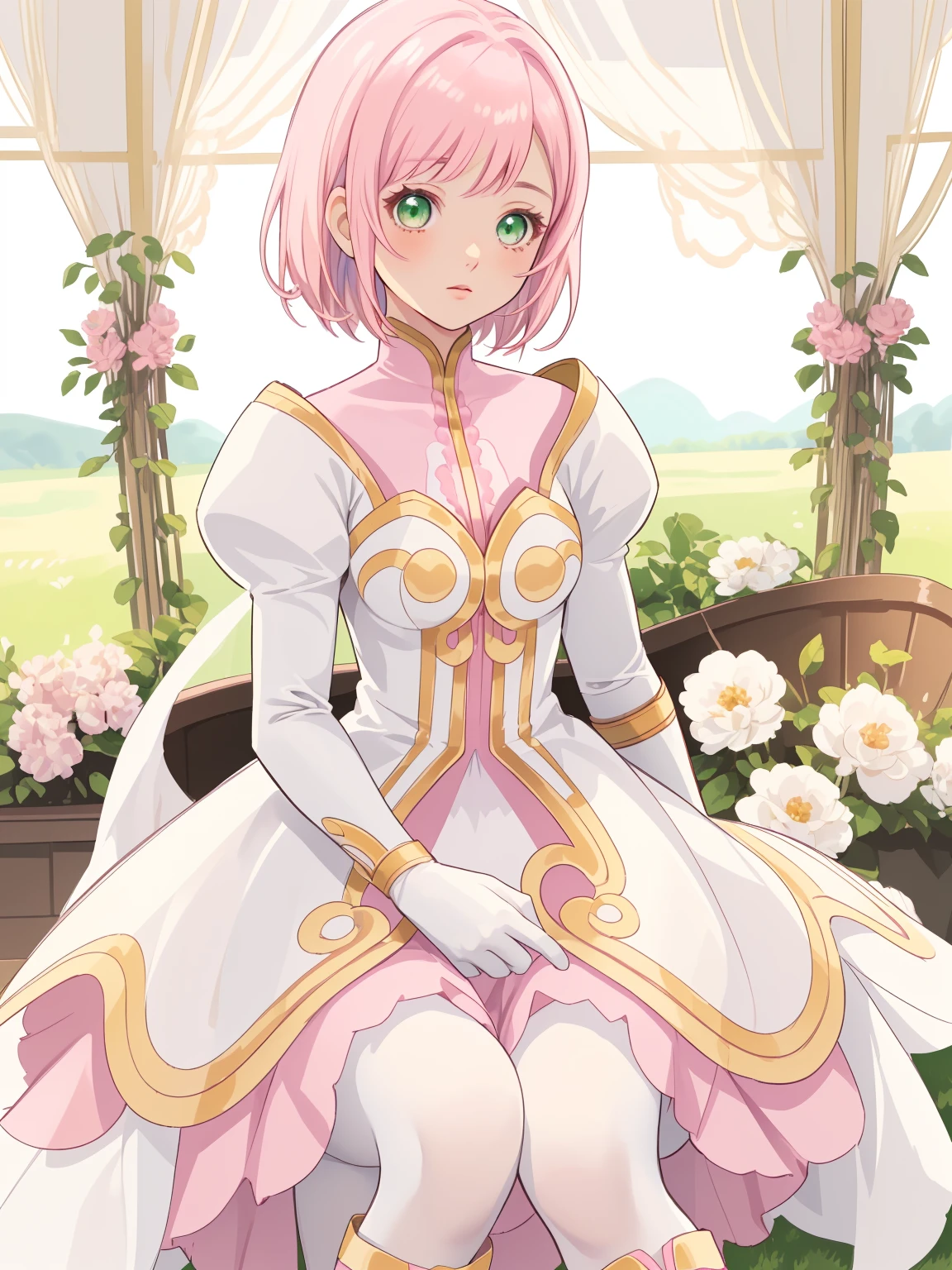 masterpiece, Highest quality, alone, One Girl,Estellise Sidos Heurassein, Pink Hair, short hair, Green Eyes, Small breasts, White and pink dress, Glamorous Dress, Pink collar, Pink Skirt, White boots, White gloves, (Black Pantyhose, Black legwear:1.1)whole body, Little:5, cute, (Beautifully detailed face), (Beautiful attention to detail), (Beautiful detailed hair)