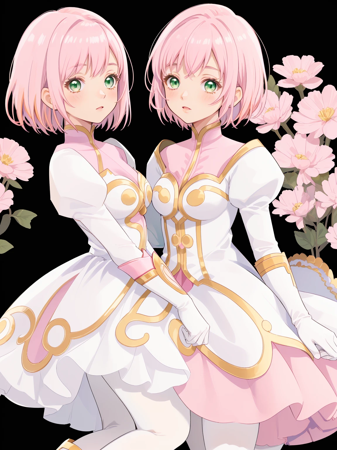 masterpiece, Highest quality, alone, One Girl,Estellise Sidos Heurassein, Pink Hair, short hair, Green Eyes, Small breasts, White and pink dress, Glamorous Dress, Pink collar, Pink Skirt, White boots, White gloves, (Black Pantyhose, Black legwear:1.1)whole body, Little:5, cute, (Beautifully detailed face), (Beautiful attention to detail), (Beautiful detailed hair)